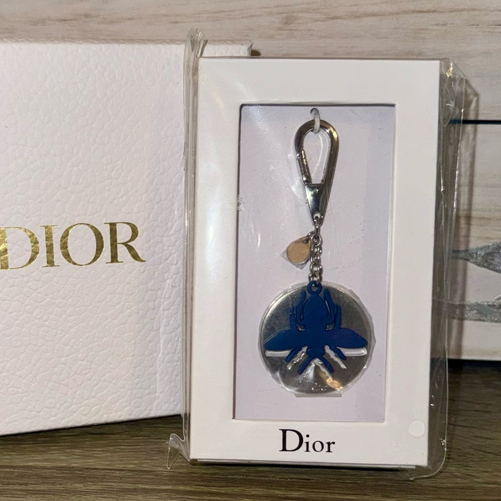 NEW RARE Christian Dior Blue and Silver Bee Keychain, Fob, Holder Bag Charm NIB